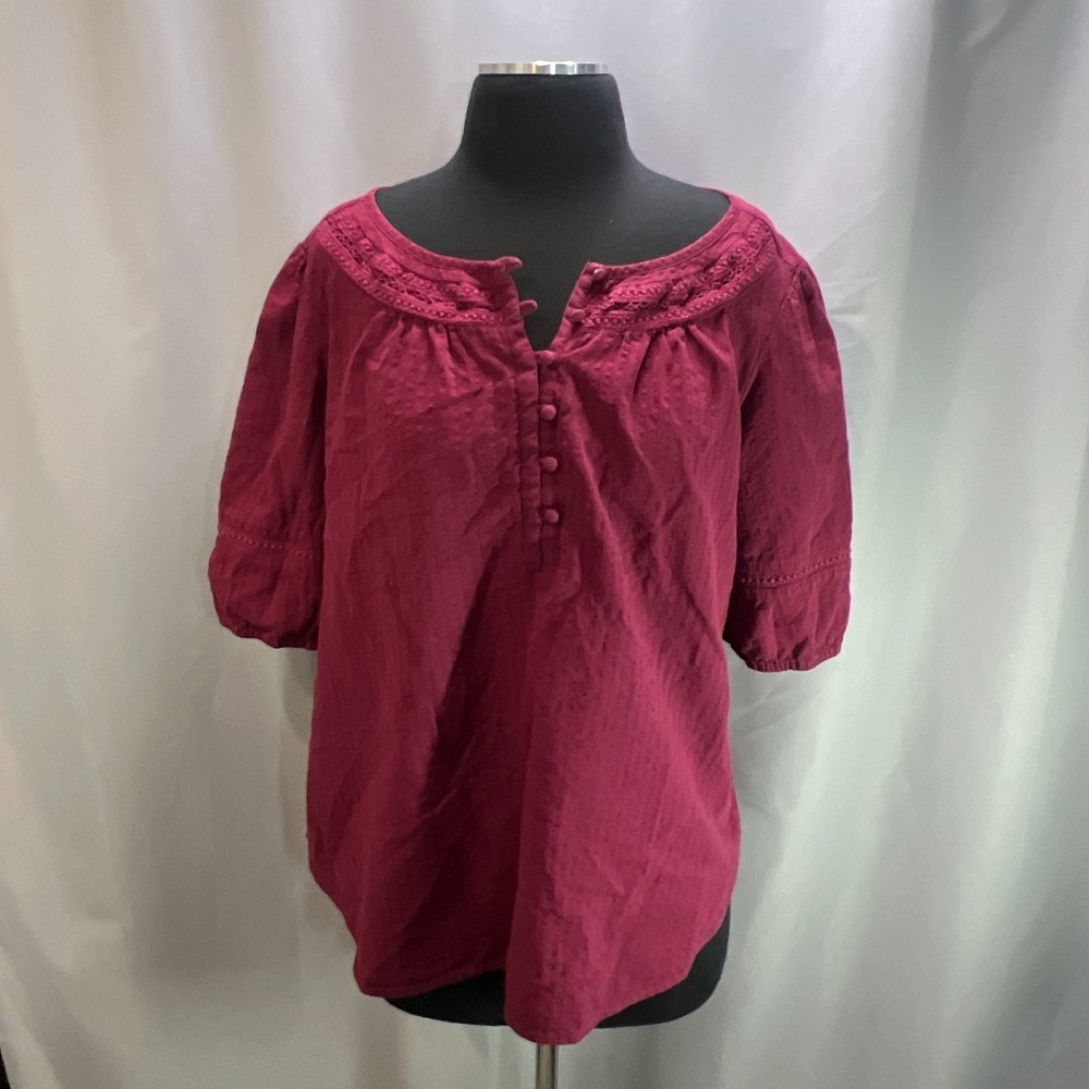 Loft Blouse Top Womens XL Burgundy Cotton Boho Lace Detail Round Neck Curved Hem